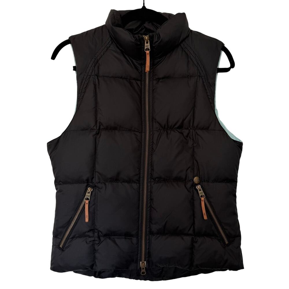 UGG Australia (M) Black Quilted Puffer Vest Leather Zip High Collar Winter